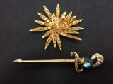 Lot of Two Gold-Tone Alloy Faux Gemstone Accented Brooches, One Sunburst Motif & One Sword Themed