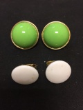 Lot of Two TraFari Designed Gold-Tone Alloy Fashion Earrings, Green Resin Accented & One Pair White