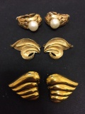 Lot of Three TraFari Designed Gold-Tone Alloy Fashion Earrings, Faux Pearl Accented, Textured Scroll