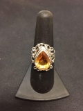 New! Gorgeous Detailed Faceted Golden Citrine Pear Shape Sterling Silver Ring Band-Size 6.5 SRP $ 59