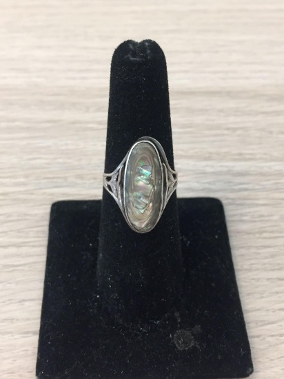 Oval 22x10mm Abalone Center Old Pawn Native American Styled Sterling Silver Ring Band-Size 7