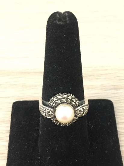 Round 7.0mm White Pearl Marcasite Halo Accented Sterling Silver Ring Band-Size 8