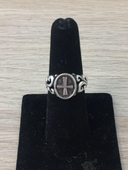 Templar Cross Motif Filigree Decorated 12mm Wide Tapered Sterling Silver Ring Band-Size 6.5