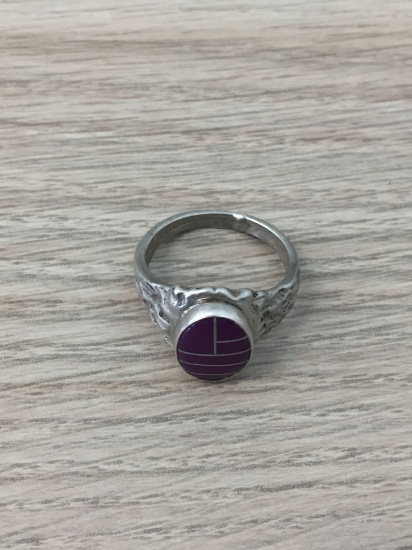 Mosaic Inlaid Sugilite Hand-Crafted 15mm Wide Tapered Sterling Silver Ring Band-Size 10.5