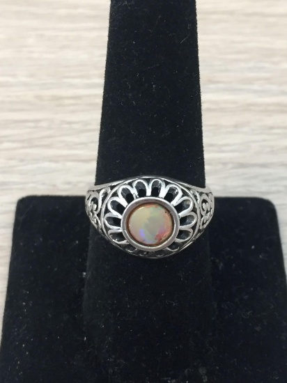 Round 7.0mm Boulder Opal Inlaid Filigree Decorated Sterling Silver Ring Band-Size 8.5