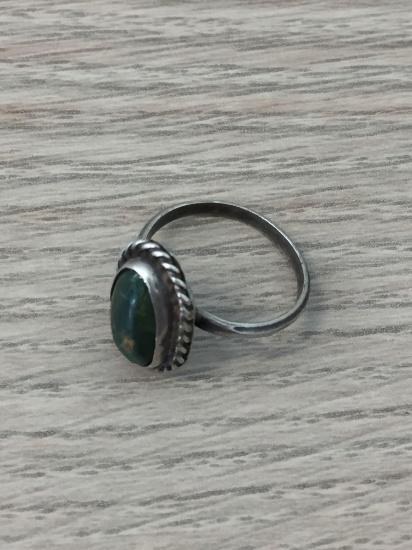 Rope Framed Bezel Set Tumbled Turquoise Center Sterling Silver Ring Band-Size 6.5