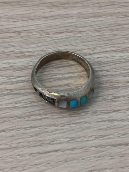 Turquoise & Mother of Pearl Banded Inlay Old Pawn Native American Style Sterling Silver Domed Ring