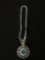 New! Gorgeous Detailed Large 48mm Round Sterling Silver Pendant w/ 6mm Blue Topaz & White Fire