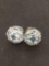 Round & Marquise Faceted Blue Topaz w/ Zircon Accent 15mm Round Cluster Pair of Sterling Silver