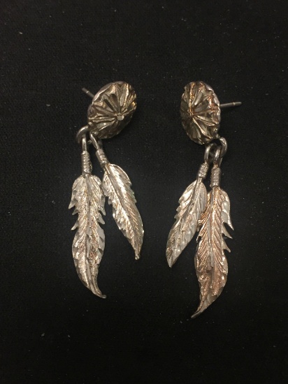 Hand-Carved Old Pawn Native American Feather Styled 2" Long Pair of Sterling Silver Drop Earrings