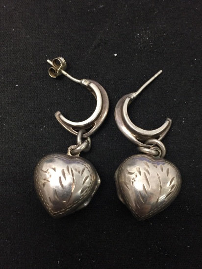 Hand-Engraved Puffy Heart 1.75" Long Pair of Sterling Silver Locket Earrings