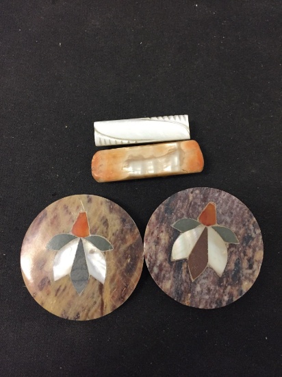 Lot of Four, Two Stone Inlaid Matched Round Coins & Two Mother of Pearl Accented Tie-Clips