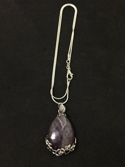 New! Large Gorgeous Chevron Amethyst Pear Shaped 2.25" Sterling Silver Pendant w/ 18" Chain SRP $ 59