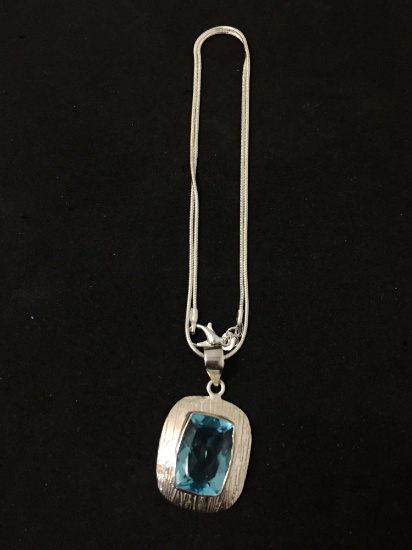 New! Beautiful Faceted Blue Topaz Cushion Cut Textured Detail 1.5" Sterling Silver Pendant w/ Chain