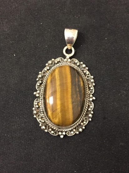 New! Large Detailed Golden Brown Tiger's Eye 1.5" Sterling Silver Pendant SRP $ 49