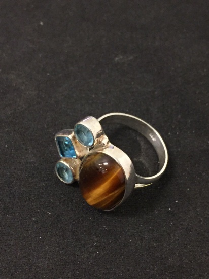 New! Gorgeous Golden Tiger's Eye w/ Blue Topaz Accents Sterling Silver Ring Band-Size 7.25 SRP $ 49