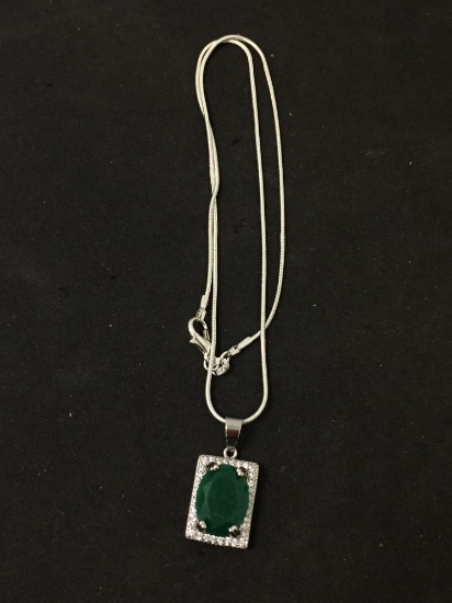 New! Gorgeous Natural Oval Shape African Emerald w/ CZ Accents 1.25" Sterling Silver Pendant w/