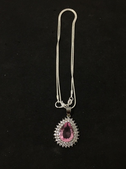 New! Gorgeous Pear Faceted Kunzite Center w/ CZ Accents 1.25" Sterling Silver Pendant w/ Chain SRP $