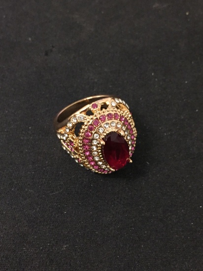 New! Handmade Turkish Hand-Set Rubellite w/ CZ Accents Gold-Plate Ring Band-Size 6.75 SRP $ 69