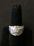 New! Gorgeous Moissanite White Fire Opalite Inlay w/ Zircon Accents Sterling Silver Ring Band-Size 7