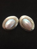 QT Designed Oval Two-Tone Mother of Pearl Accented Pair of Sterling Silver Earrings - 9 Grams