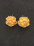 Textured Gold-Tone Flower Blossom Round 15mm Pair of Sterling Silver Earrings