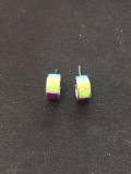 Multi Colored Gemstone Inlaid 6.0mm Wide 12mm Diameter Pair of Sterling Silver Huggie Earrings