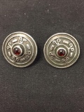 Antique Finished Garnet Cabochon Accented 17mm Round Pair of Sterling Silver Earrings