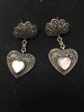 Pink Mother of Pearl Heart Accented Marcasite Studded 1.5