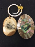 Lot of Three Various Size & Styled Pendants, One Abalone Inlaid, One Scrimshaw Engraved Bone & One