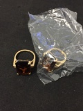 Lot of Two Matched Gold-Filled Fashion Ring Bands w/ Radiant Cut Faceted 18x14mm Smokey Topaz Center