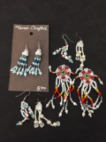 Lot of Four Matched Pairs of Hand-Crafted Old Pawn Native American Styled Beaded Chandelier Earrings