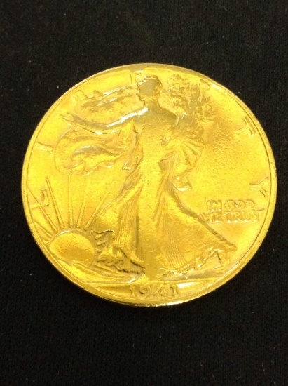 Gold Plated 1941 United States Walking Liberty Silver Half Dollar - 90% Silver Coin from Collection