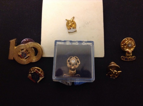 Lot of 6 Gold Tone and Gold Filled Fraternal Organization Motif Commemorative Pins