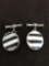 Round 17mm Striped Onyx & Mother of Pearl Inlaid Pair of Sterling Silver Cufflinks
