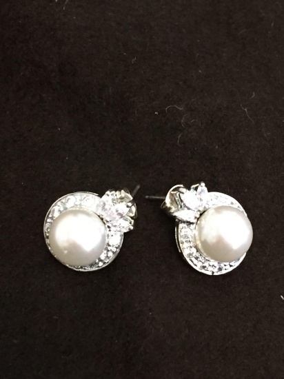 Round 10mm Faux Pearl w/ Round & Marquise Faceted Zircon Halo Pair of Sterling Silver Earrings
