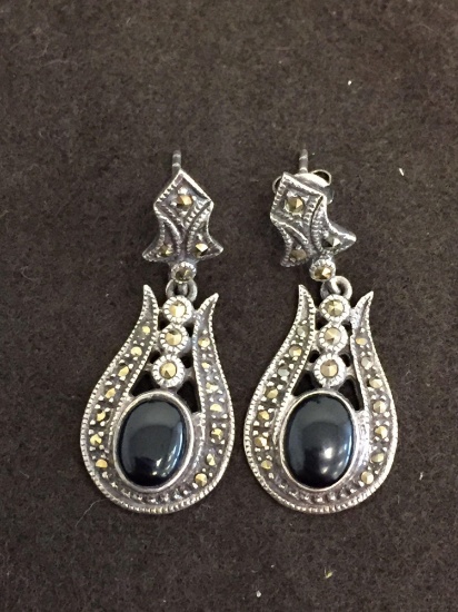 Vintage Oval Onyx Cabochon Marcasite Accented 1.5" Long Pair of Sterling Silver Earrings