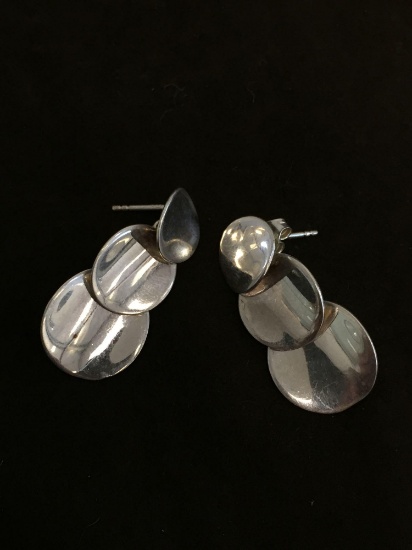 Indian Made Graduating Three-Tier Round Concave 1.5" Long Pair of Sterling Silver Earrings