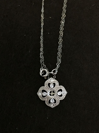 Round Faceted Zircon & Milgrain Accented Vintage Styled Sterling Silver Pendant w/ 18" Chain