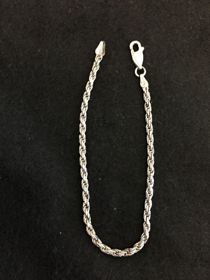 Italian Made 2.5mm Wide 7" Long Sterling Silver Rope Bracelet