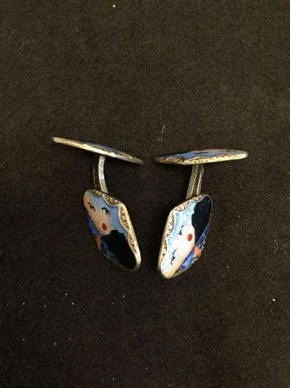 Enameled Beach Sunset Colorful Pair of Scandinavian Silver Cufflinks