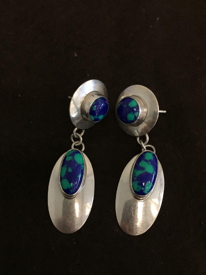 Oval & Round Turquoise Cabochon Accented 2" Long Pair of Sterling Silver Earrings