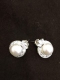 Round 10mm Faux Pearl w/ Round & Marquise Faceted Zircon Halo Pair of Sterling Silver Earrings