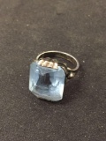 Large Blue Cushion Faceted 17x15mm Center Vintage Sterling Silver Ring Band-Size 6.5