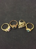 Lot of Four Gold-Tone Alloy Gemstone Accented Various Style Fashion Ring Bands