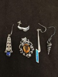 Lot of Five Single Mismatched Various Style Sterling Silver Earrings