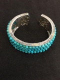 Floral Filigree Accented 24mm Wide Sterling Silver Cuff Bracelet w/ Five Rows of 4.0mm Turquoise