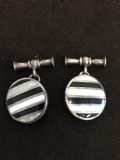 Round 17mm Striped Onyx & Mother of Pearl Inlaid Pair of Sterling Silver Cufflinks