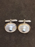 Round 4.5mm Black Pearl Accented w/ Mother of Pearl Inlay Round 17mm Pair of Sterling Silver