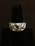 Mosaic Shell Inlaid 17mm Wide Tapered Sterling Silver Ring Band-Size 7